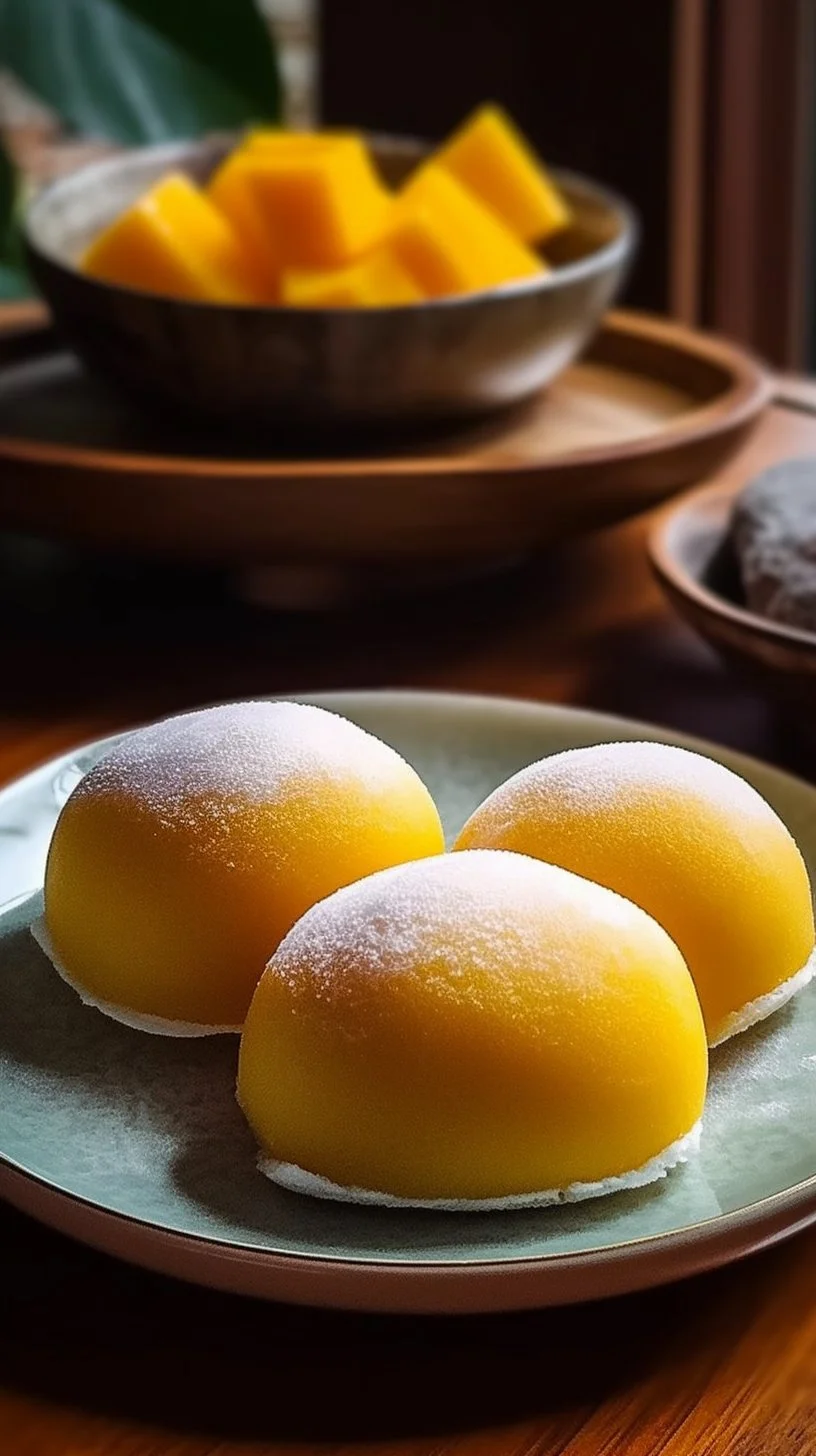 Homemade mango mochi featuring a chewy texture and tropical flavor.