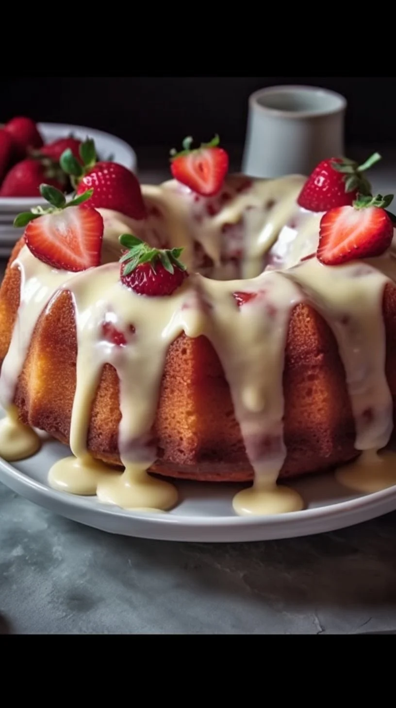 Slice of homemade strawberry cream cheese pound cake with fresh strawberries