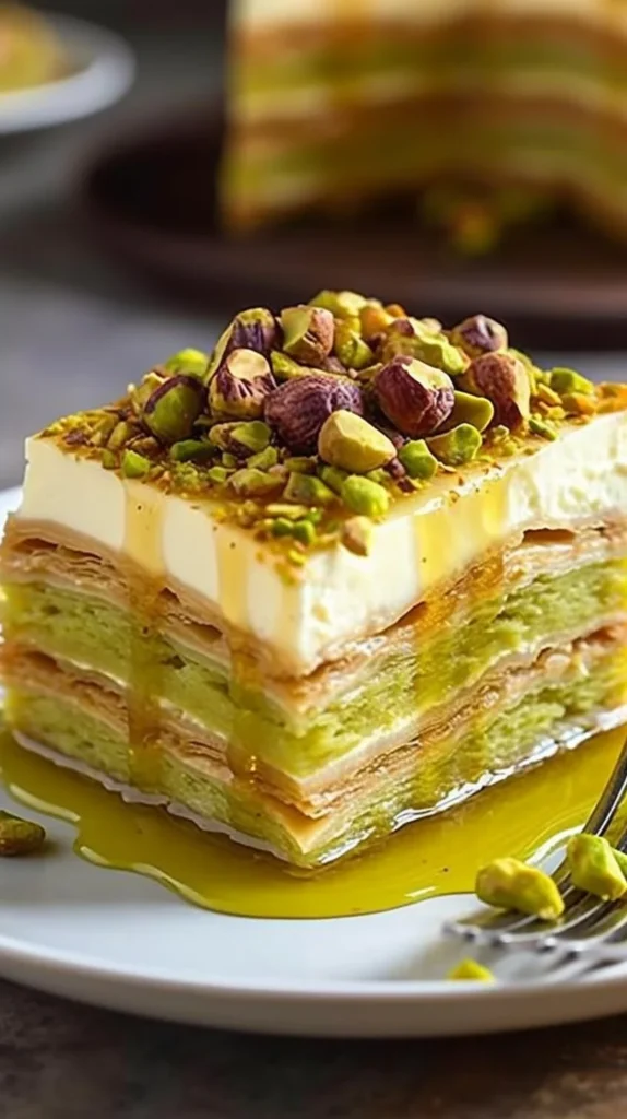 Honey-Drizzled Pistachio Baklava Cheesecake topped with nuts and honey