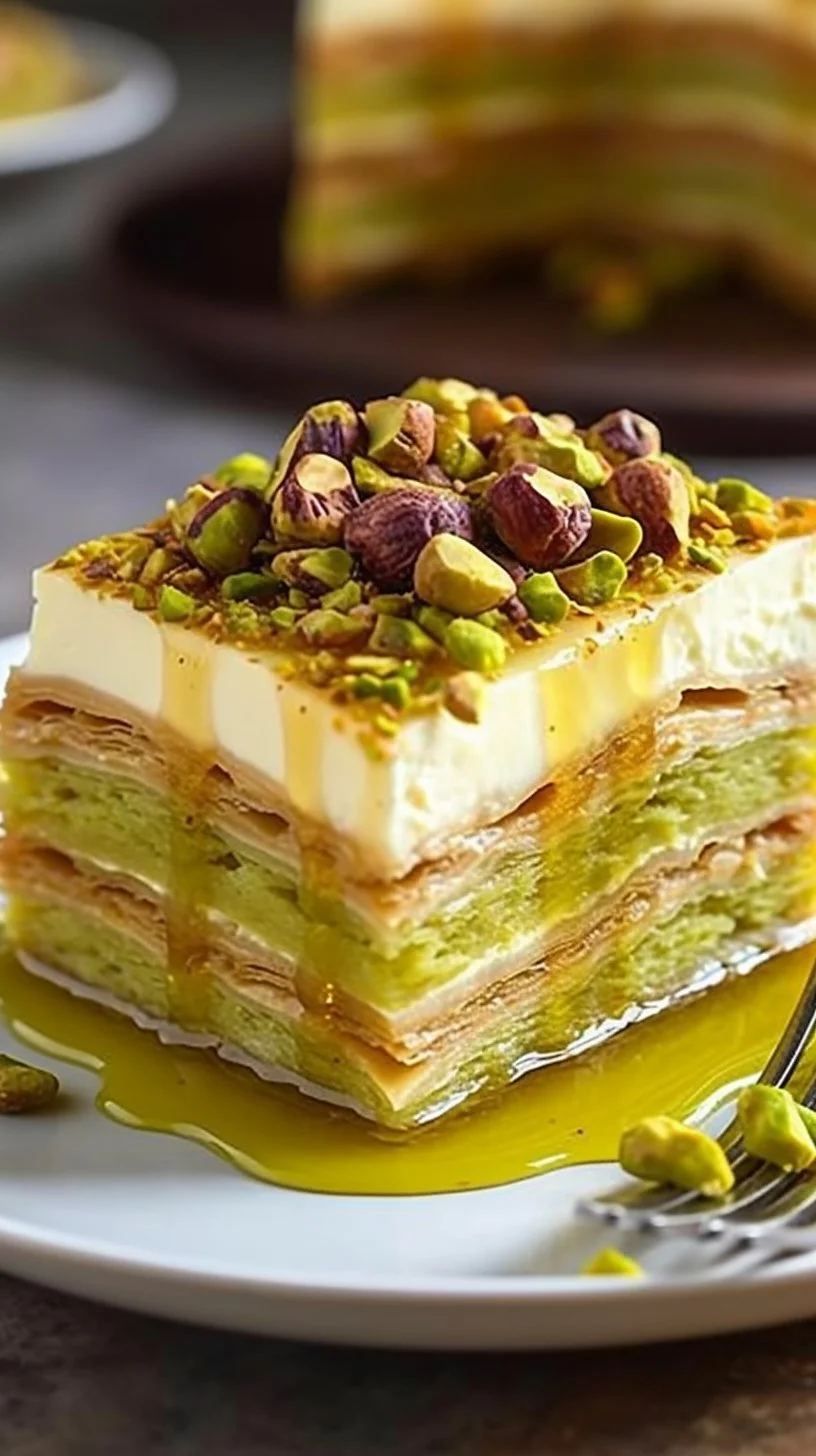 Honey-Drizzled Pistachio Baklava Cheesecake topped with nuts and honey