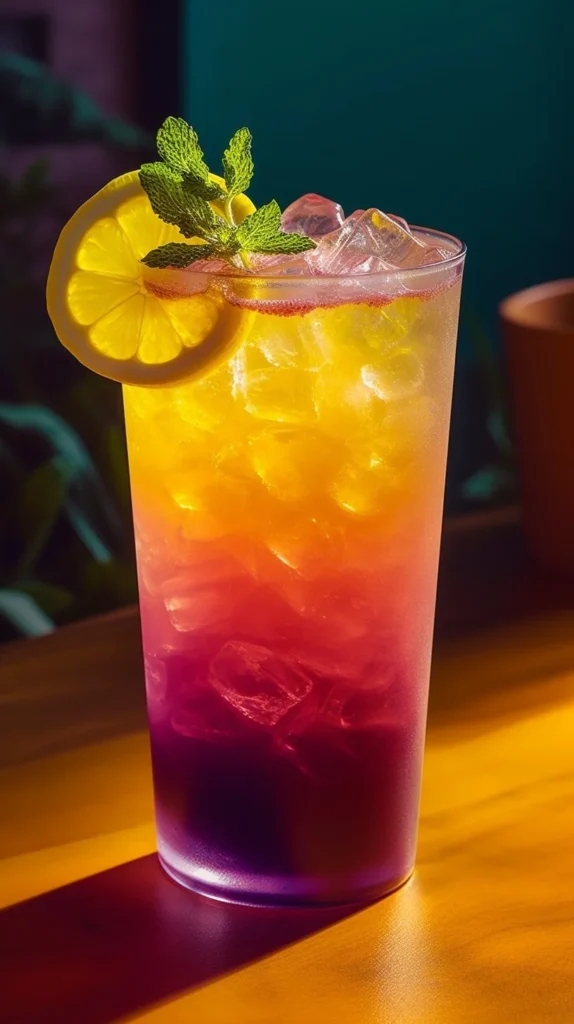 A glass of refreshing Honey Lemon Pink Soda garnished with lemon slices