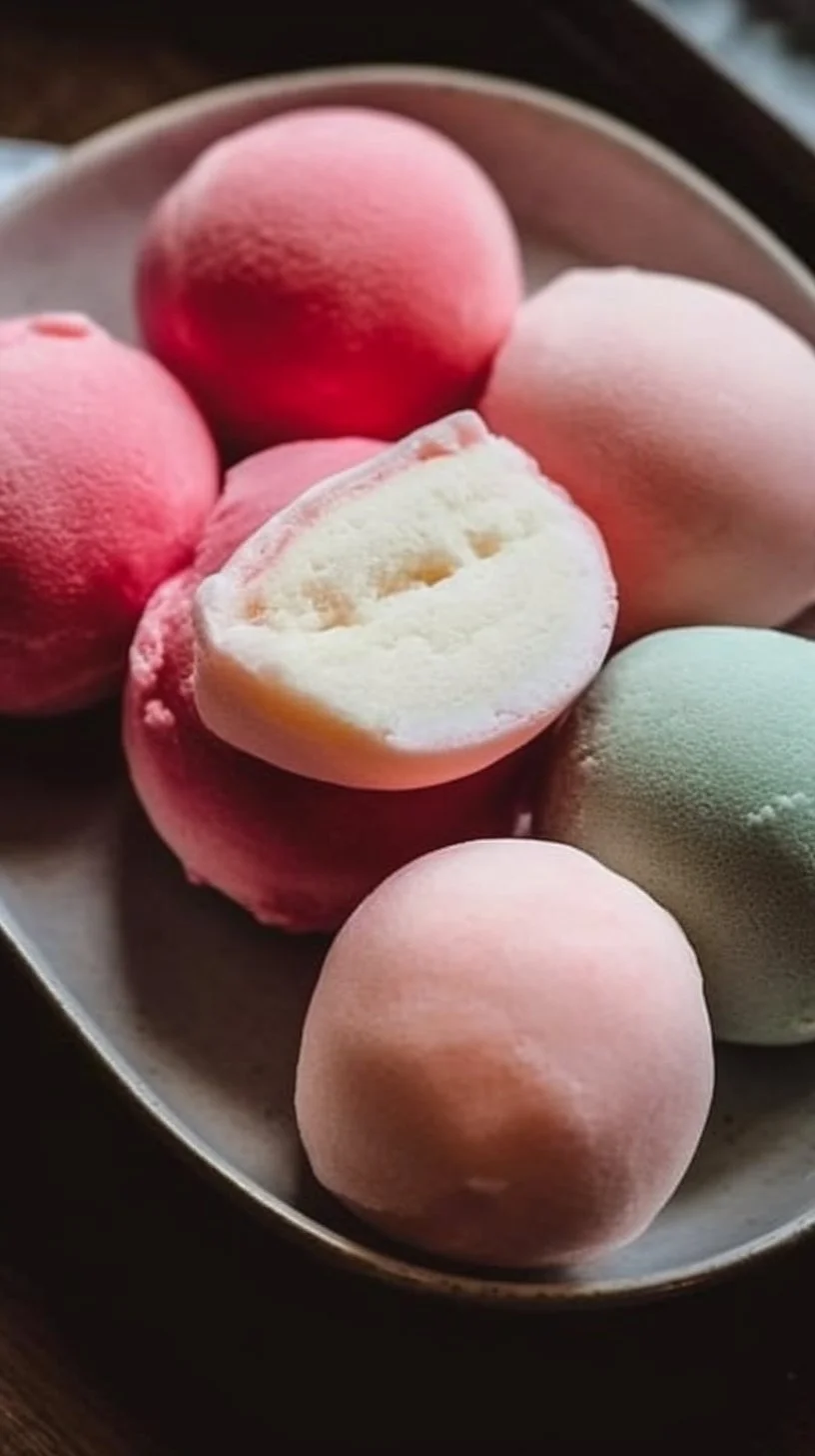 Homemade mochi ice cream in colorful flavors on a plate