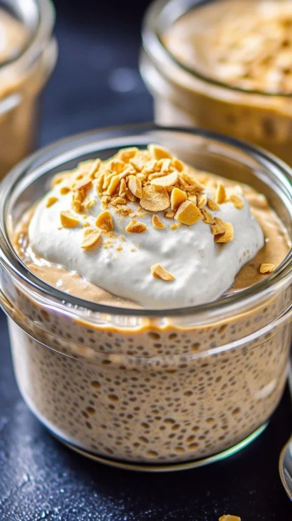 Bowl of Keto Peanut Butter Chia Pudding with Berry Sauce on top