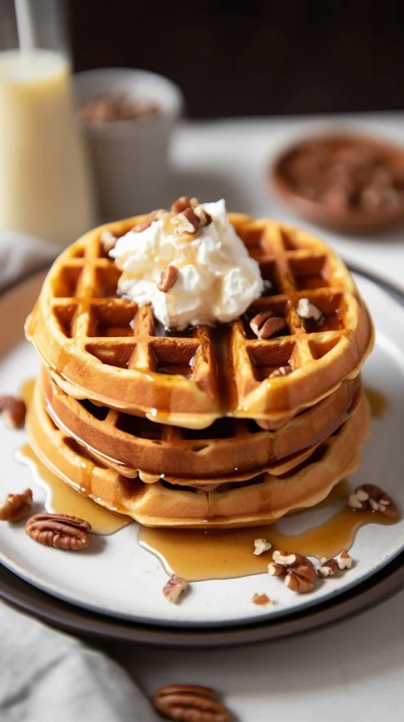 Delicious Keto Pumpkin Waffles served with whipped cream and cinnamon