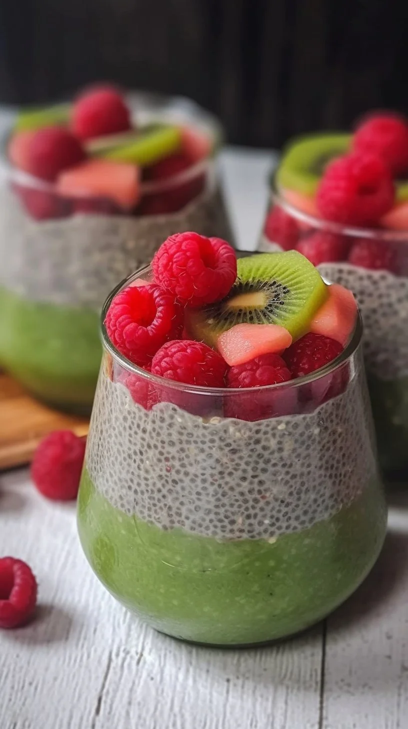 Delicious Kiwi and Raspberry Chia Pudding topped with fresh fruits