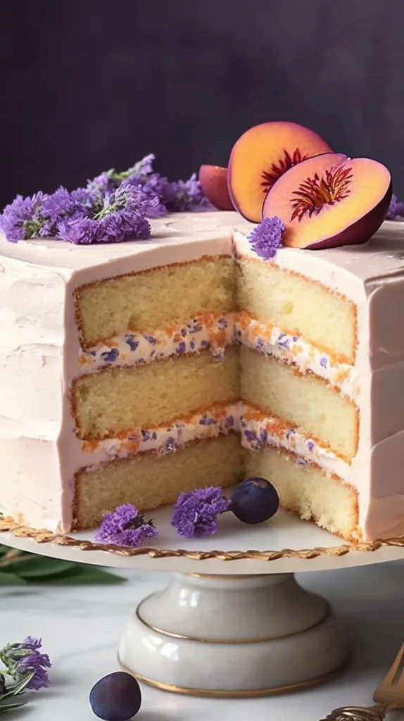 Lavender Peach Cake with floral frosting and fresh peach slices