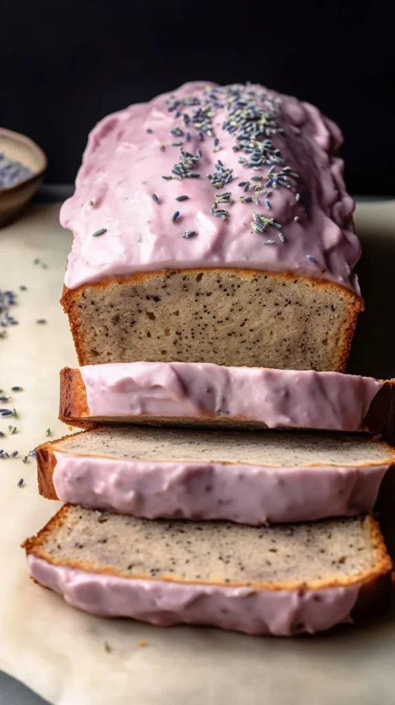 Slice of Lavender Banana Bread topped with lavender flowers on a wooden board.