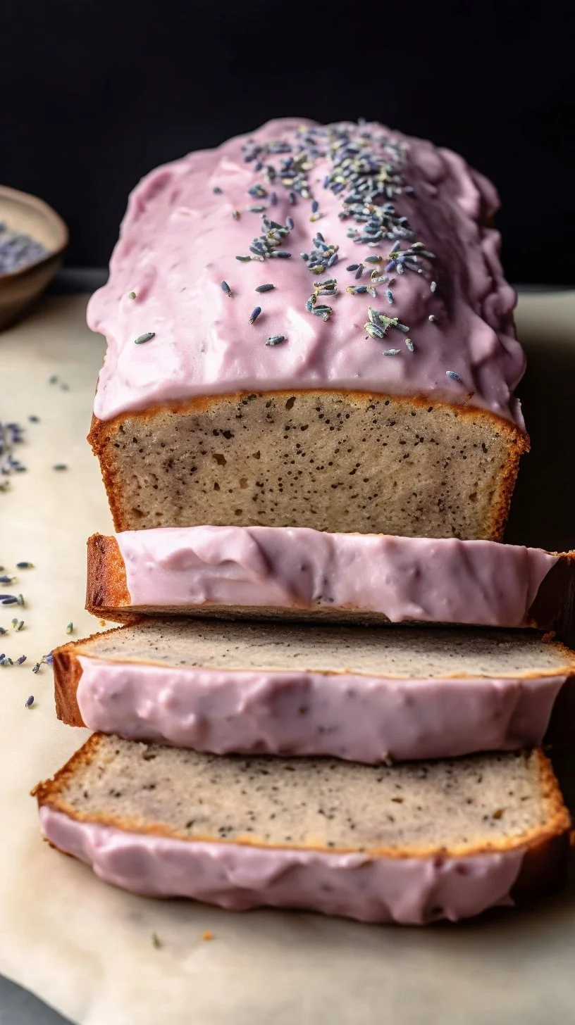 Slice of Lavender Banana Bread topped with lavender flowers on a wooden board.