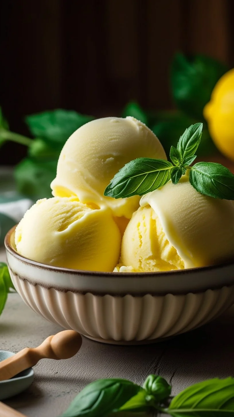 Delicious homemade Lemon Basil Sorbet served in a bowl