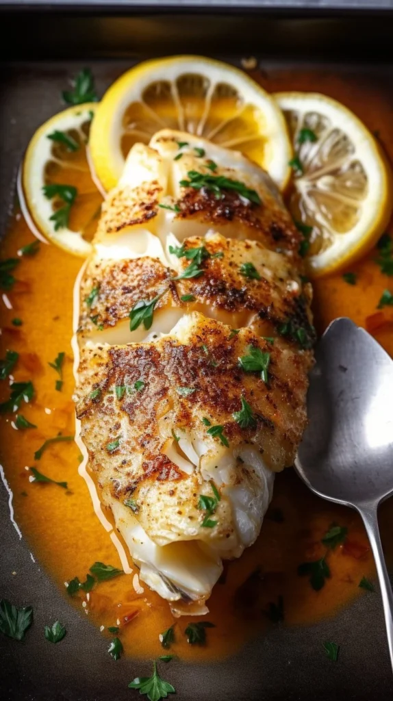 Lemon-coconut baked cod garnished with herbs on a plate