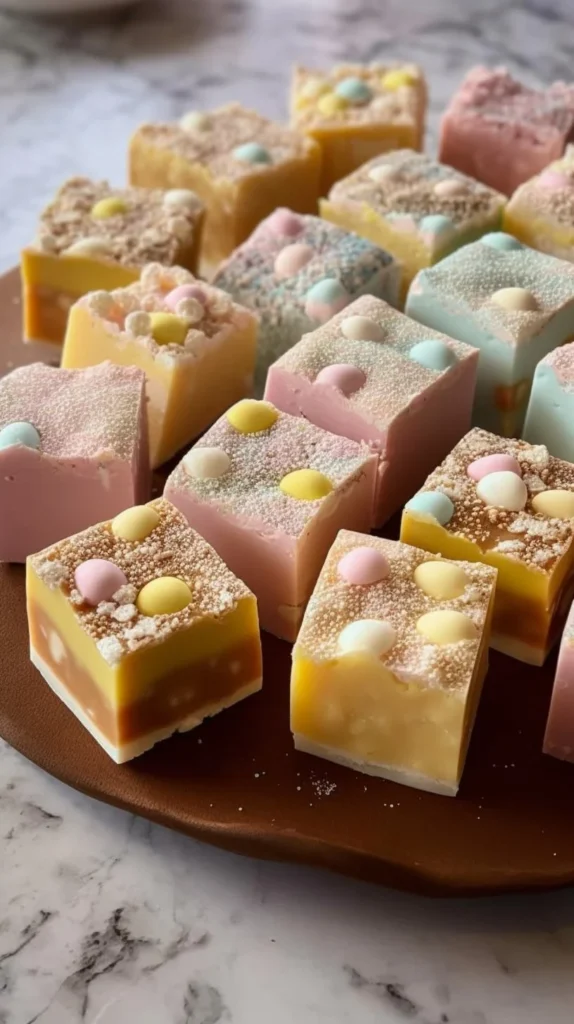 Delicious homemade lolly slice dessert with colorful candies and chocolate