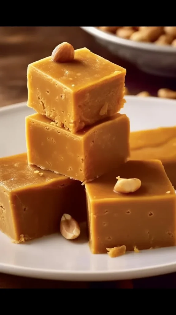 Low-carb peanut butter fudge squares on a marble countertop