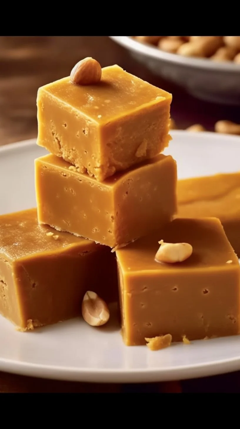 Low-carb peanut butter fudge squares on a marble countertop