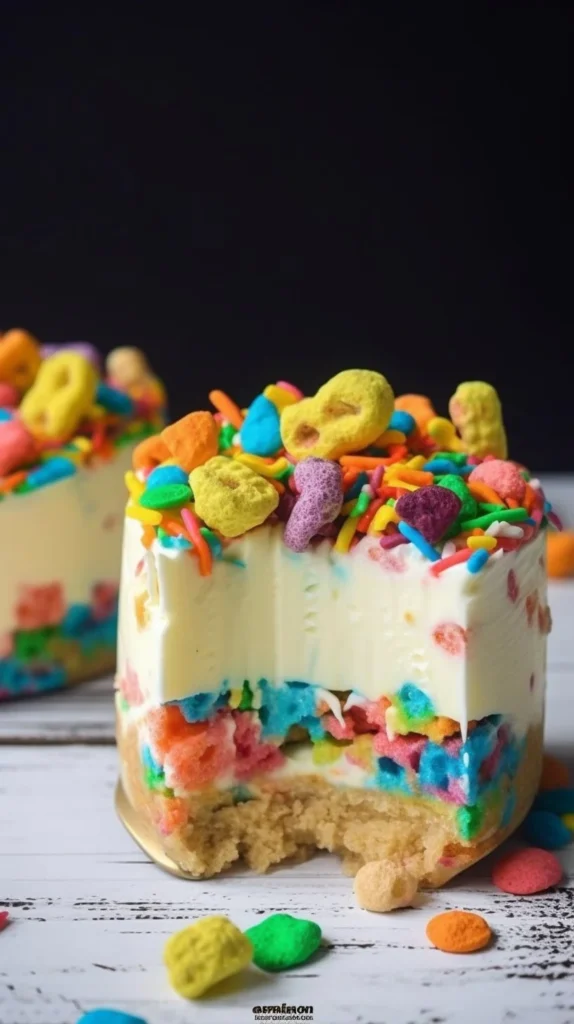 Delicious Lucky Charms Cheesecake topped with colorful marshmallows