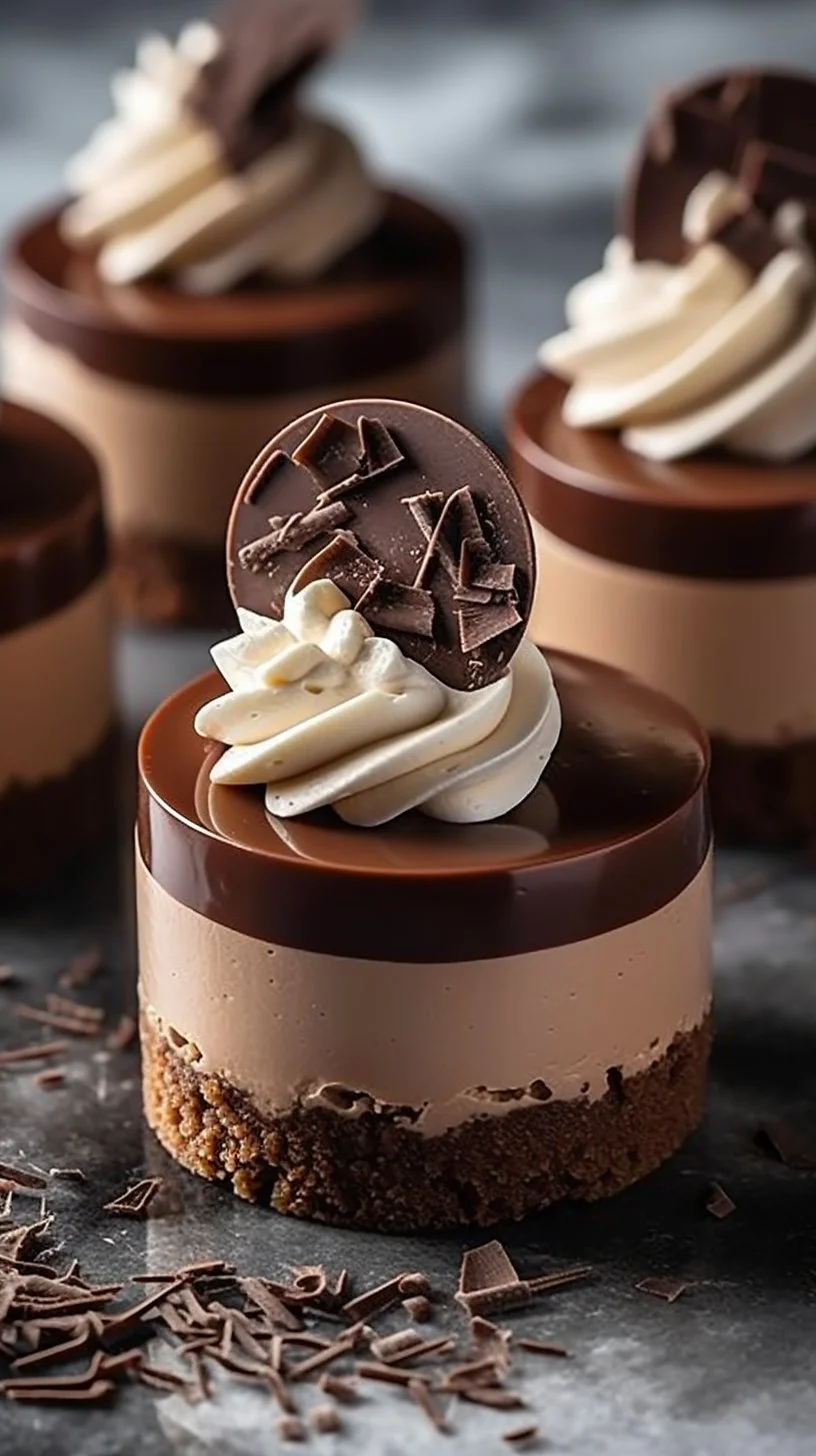 Luxurious no-bake mini dark chocolate cheesecakes with whipped cream swirls