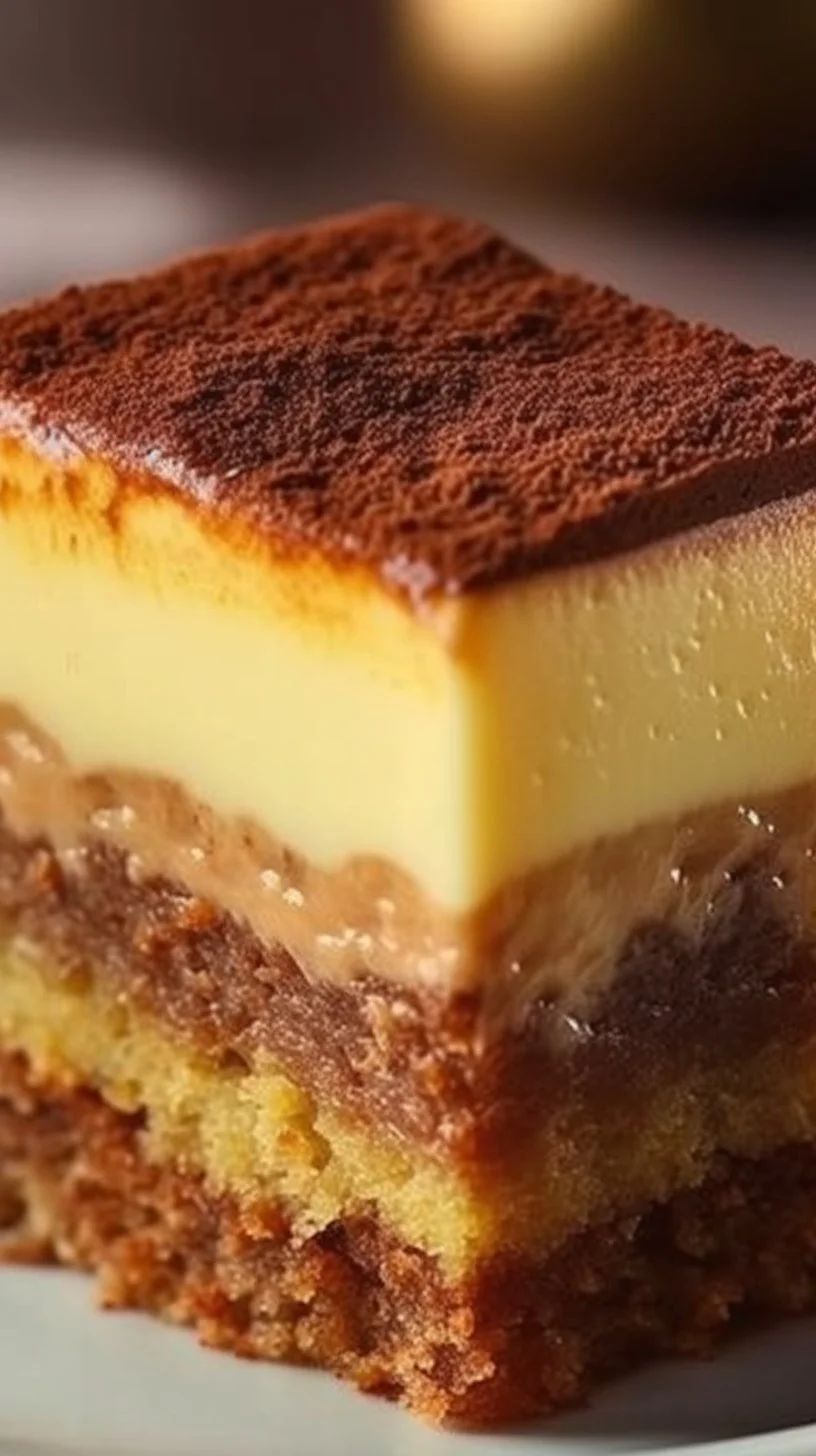 A slice of malva pudding milk tart served with cream on a plate.