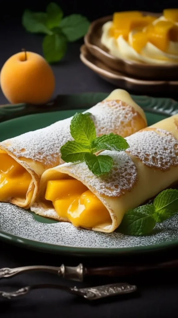 Fluffy mango pancakes topped with fresh slices and syrup