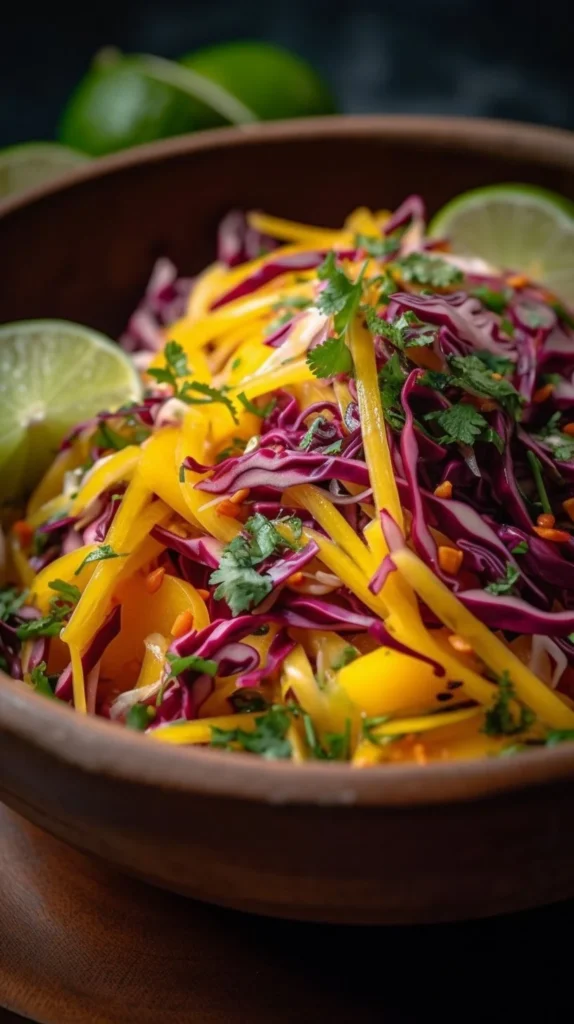 Bowl of colorful Mango Slaw with fresh ingredients