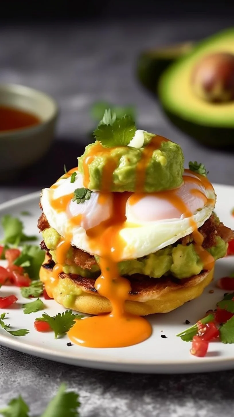 Delicious Mexican Eggs Benedict with poached eggs, salsa, and avocado