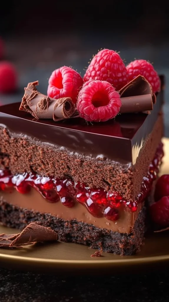Midnight chocolate mousse cheesecake topped with raspberry compote and glossy mirror glaze