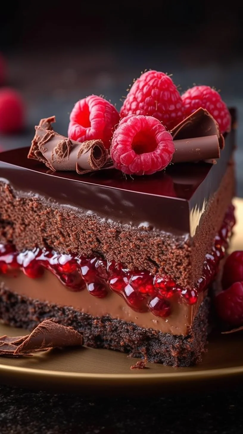 Midnight chocolate mousse cheesecake topped with raspberry compote and glossy mirror glaze