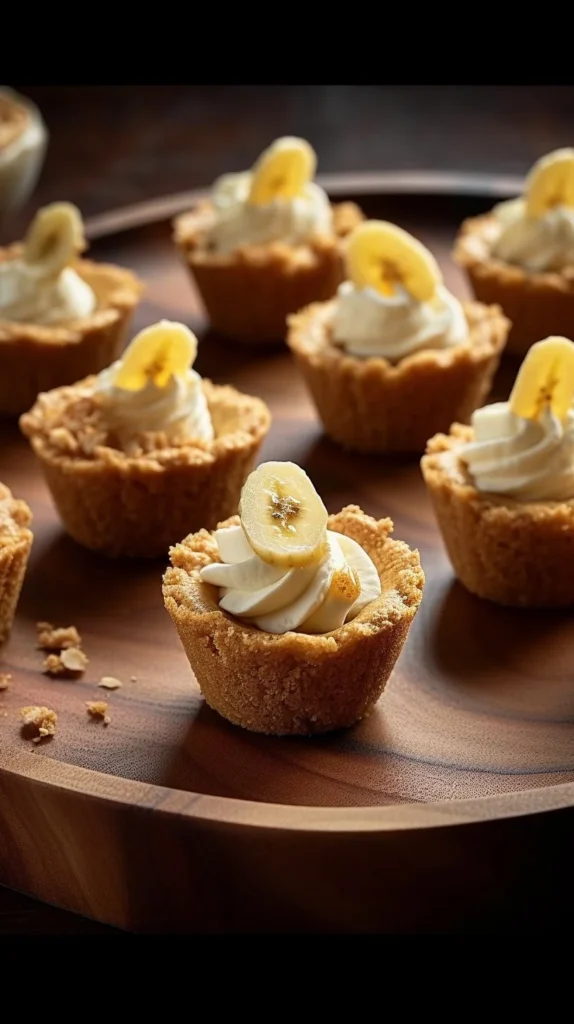 Mini banana cream pies in decorative cups on a wooden table