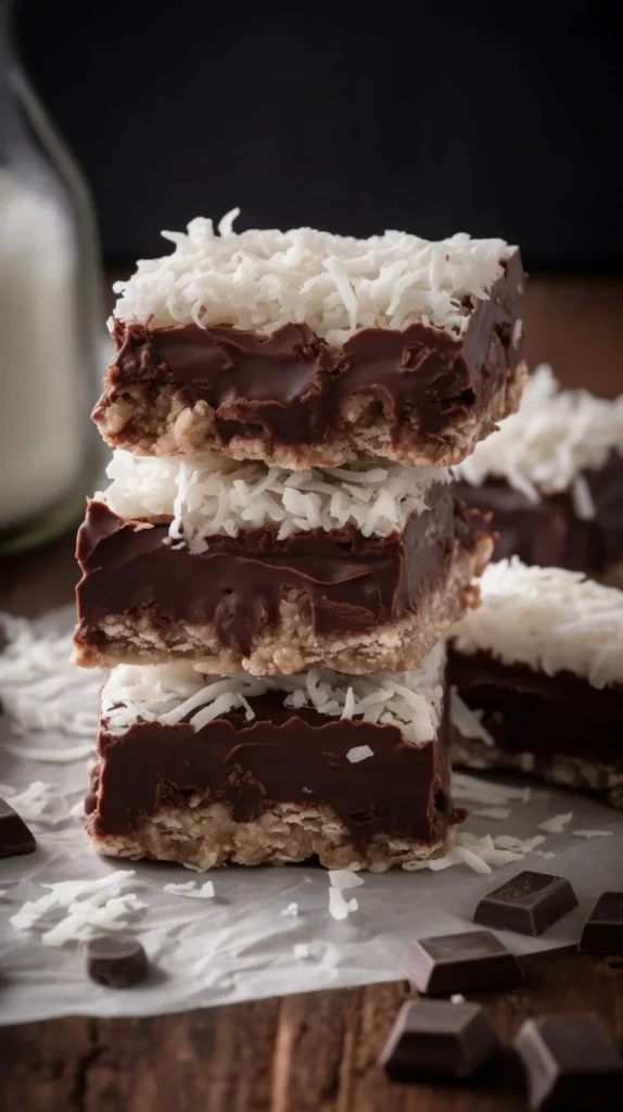 No-bake chocolate coconut bars topped with shredded coconut and chocolate drizzle