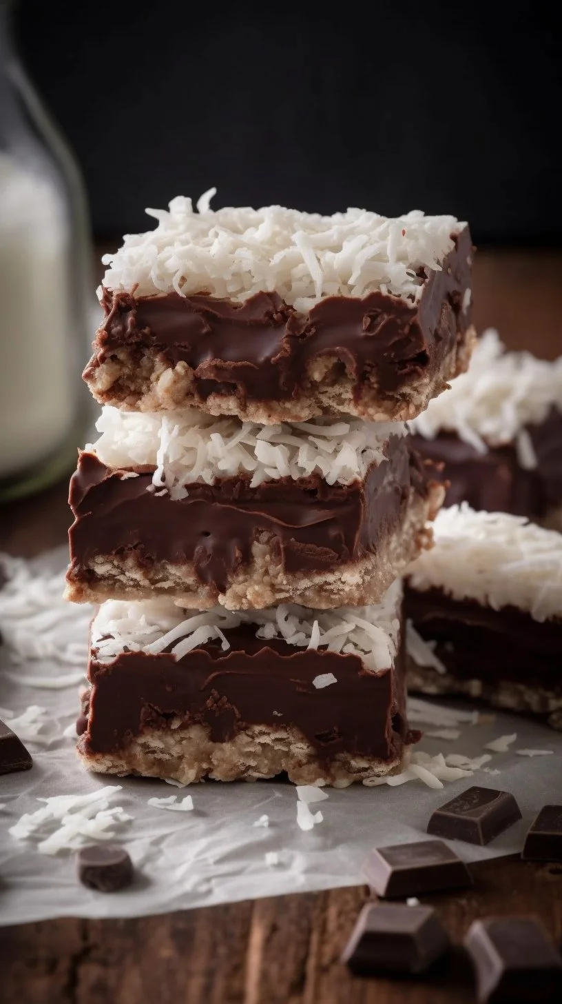 No-bake chocolate coconut bars topped with shredded coconut and chocolate drizzle