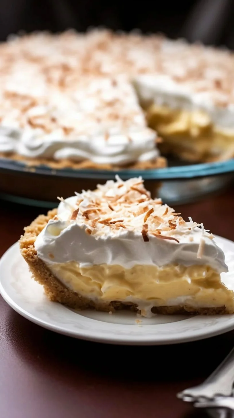 No Bake Coconut Cream Pie topped with whipped cream and coconut flakes