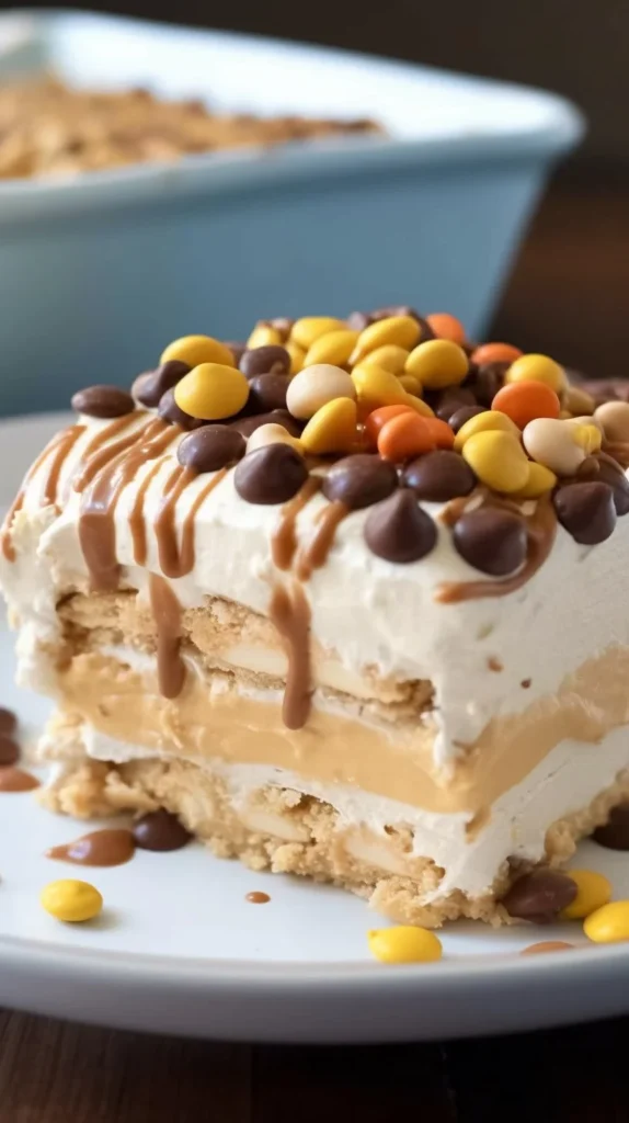 No Bake Peanut Butter Icebox Cake stacked with layers of cream and peanut butter.