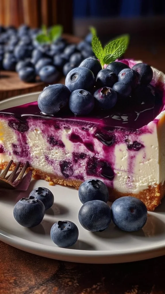 Nova Scotia Blueberry Cream Cake topped with fresh blueberries and cream