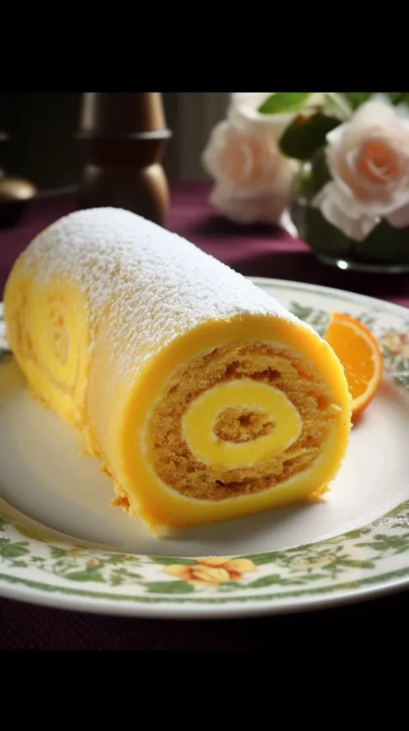 Homemade Orange Roll Cake with vibrant citrus filling and cream frosting