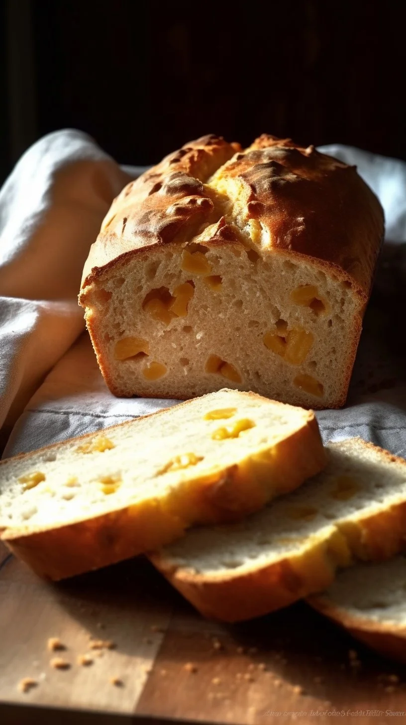 Freshly baked Peach Almond Loaf with slices on a plate