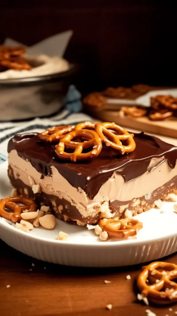 Delicious Peanut Butter Pretzel Pie served on a plate with a fork