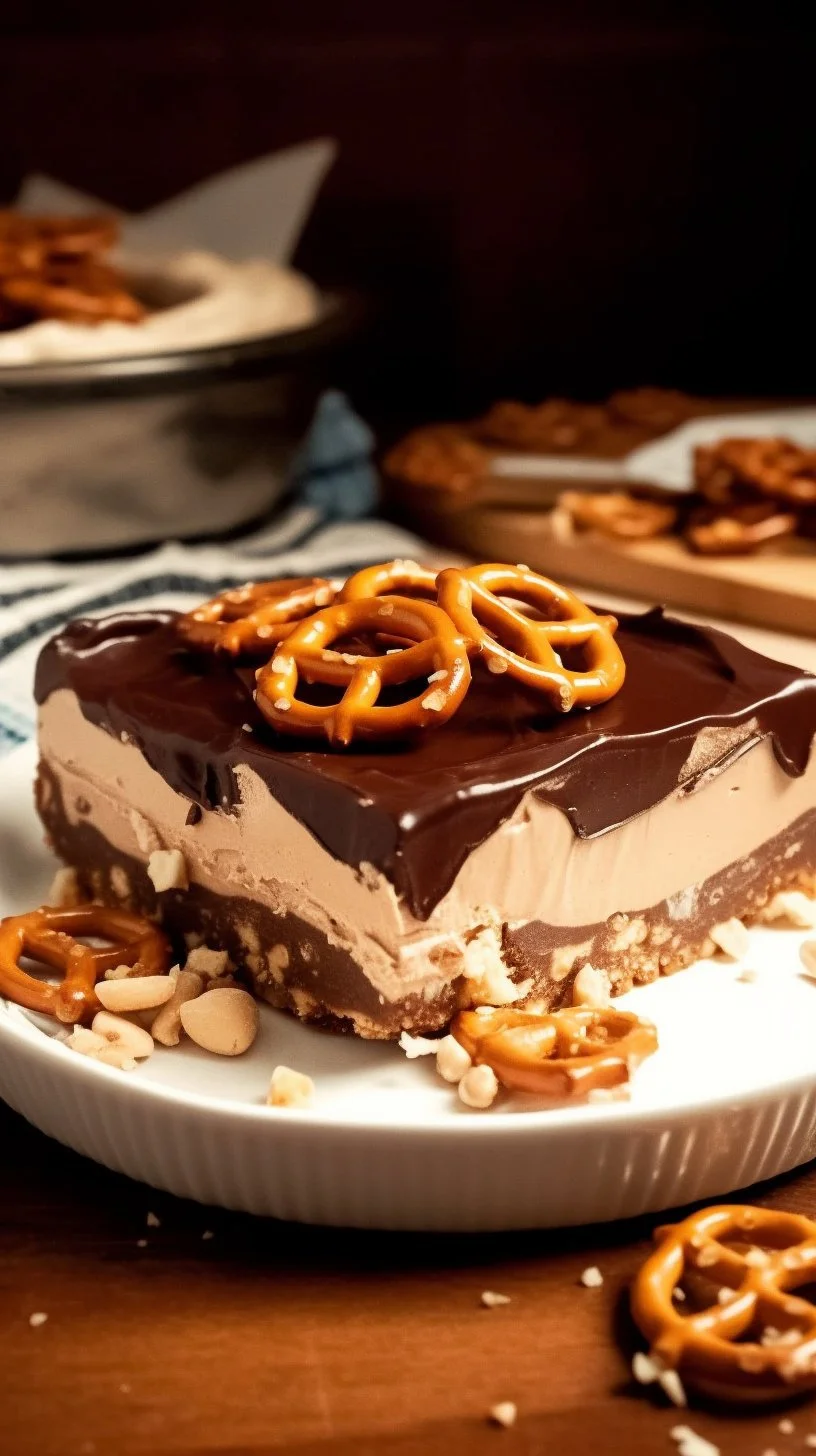 Delicious Peanut Butter Pretzel Pie served on a plate with a fork
