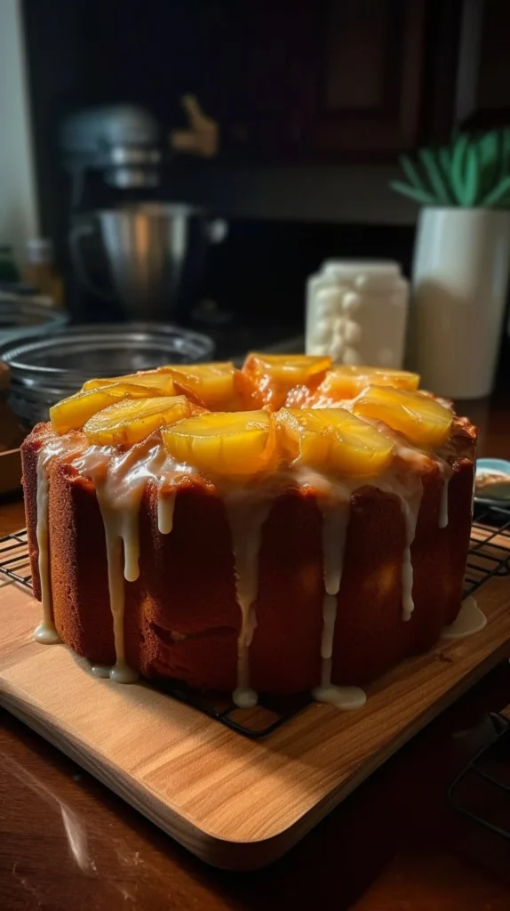 Delicious slice of Pineapple Pound Cake on a plate, garnished with fresh pineapple.