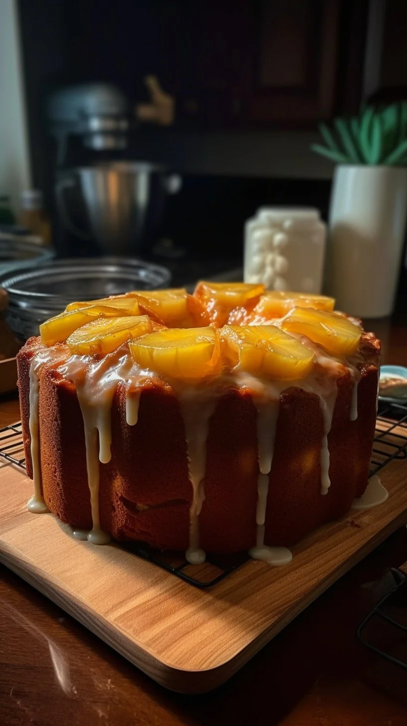 Delicious slice of Pineapple Pound Cake on a plate, garnished with fresh pineapple.