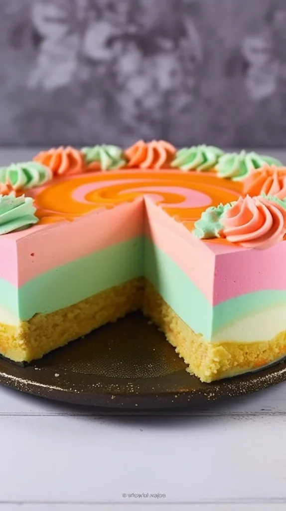A colorful slice of Rainbow Sherbet Cheesecake on a plate with vibrant layers.