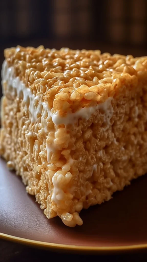 No bake Rice Krispy Treat Cheesecake topped with crispy rice.