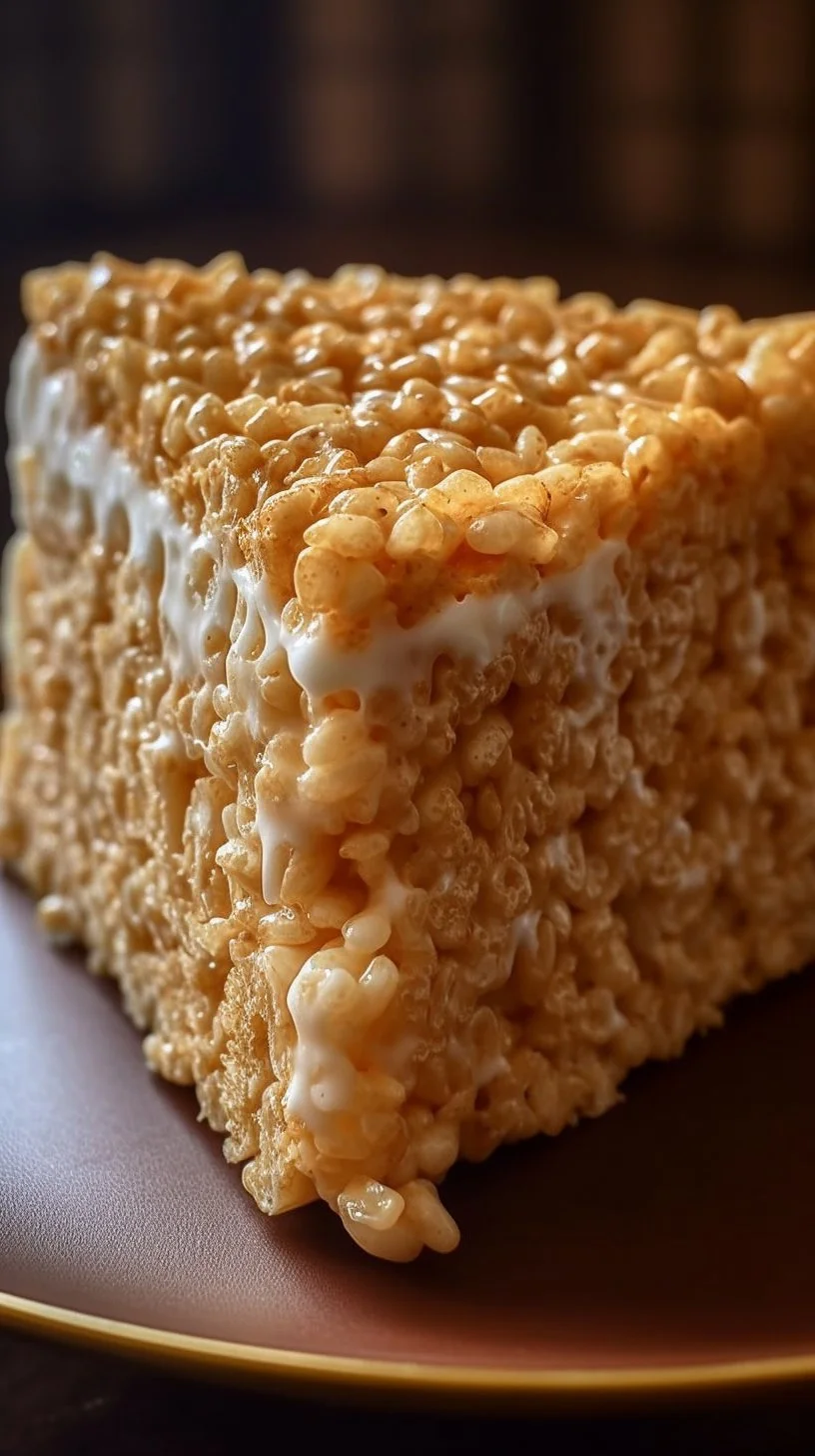 No bake Rice Krispy Treat Cheesecake topped with crispy rice.
