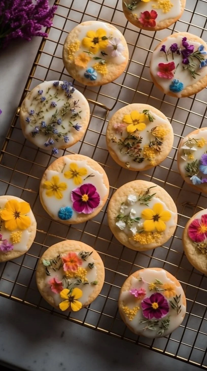 Delicious rose water sugar cookies on a plate with floral decorations