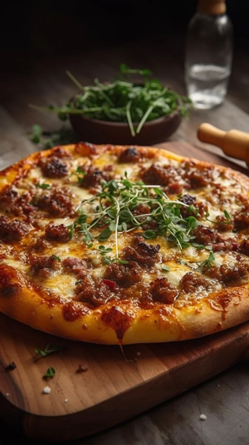 Sausage Ricotta Honey Hot Pizza with toppings on a wooden table