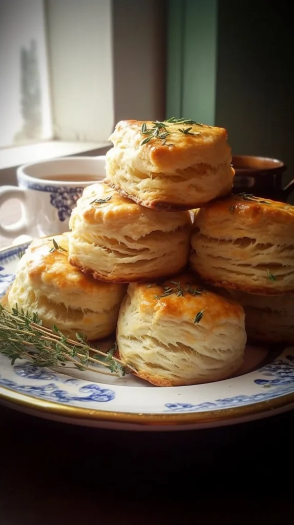 Savory lavender honey biscuits served on a rustic wooden table.
