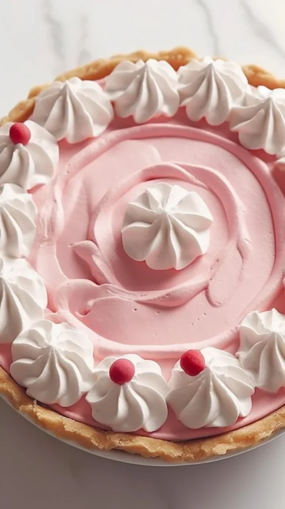 Slice of Shirley Temple Pie topped with cherries and whipped cream