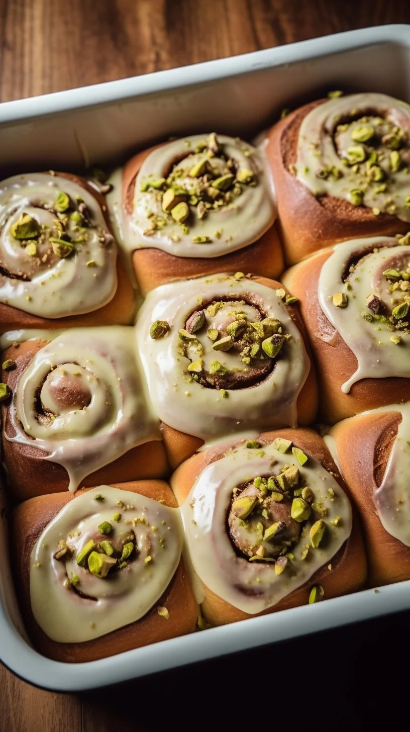 Small batch pistachio cream cinnamon rolls topped with icing and nuts