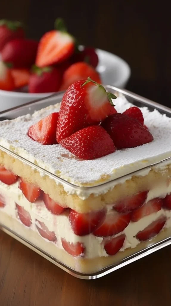 Strawberry Charlotte Tiramisu Style dessert with fresh strawberries and cream.