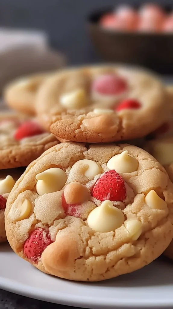 Freshly baked strawberry cookies on a cooling rack