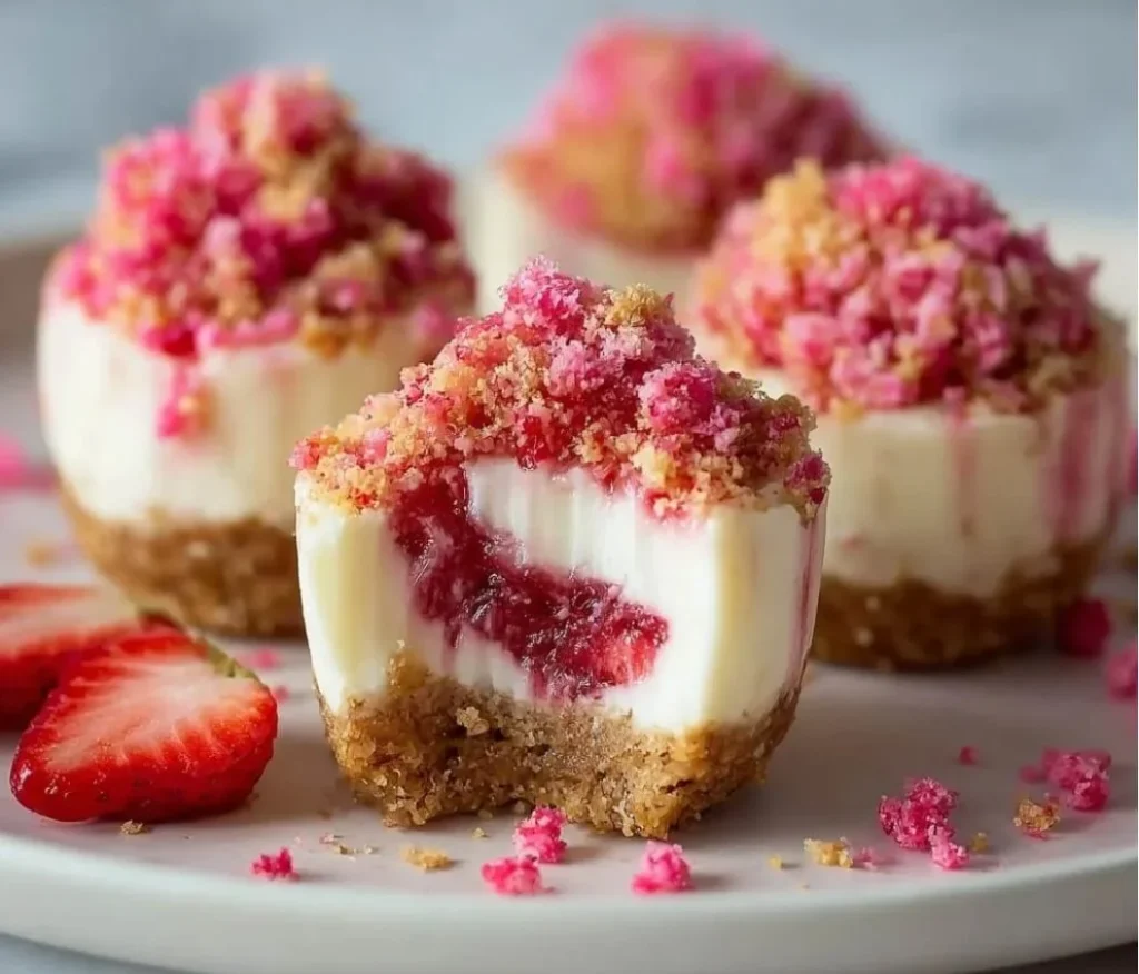 Strawberry crunch cheesecake bites on a white plate with fresh strawberries