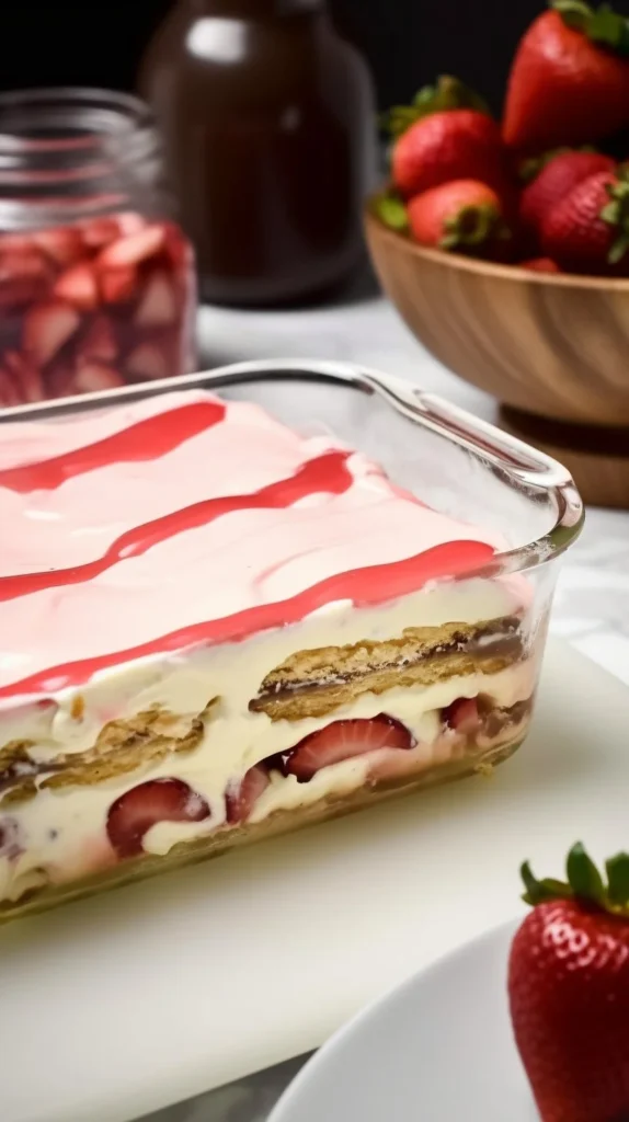Delicious Strawberry Eclair Cake with fresh strawberries and cream