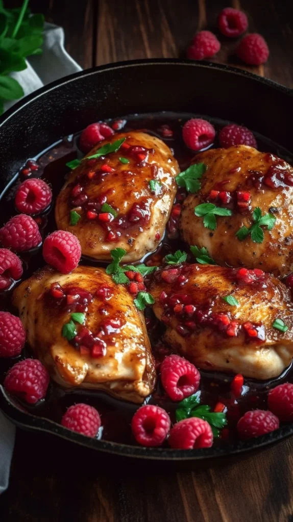 Plate of sweet and spicy jalapeno raspberry chicken garnished with fresh herbs